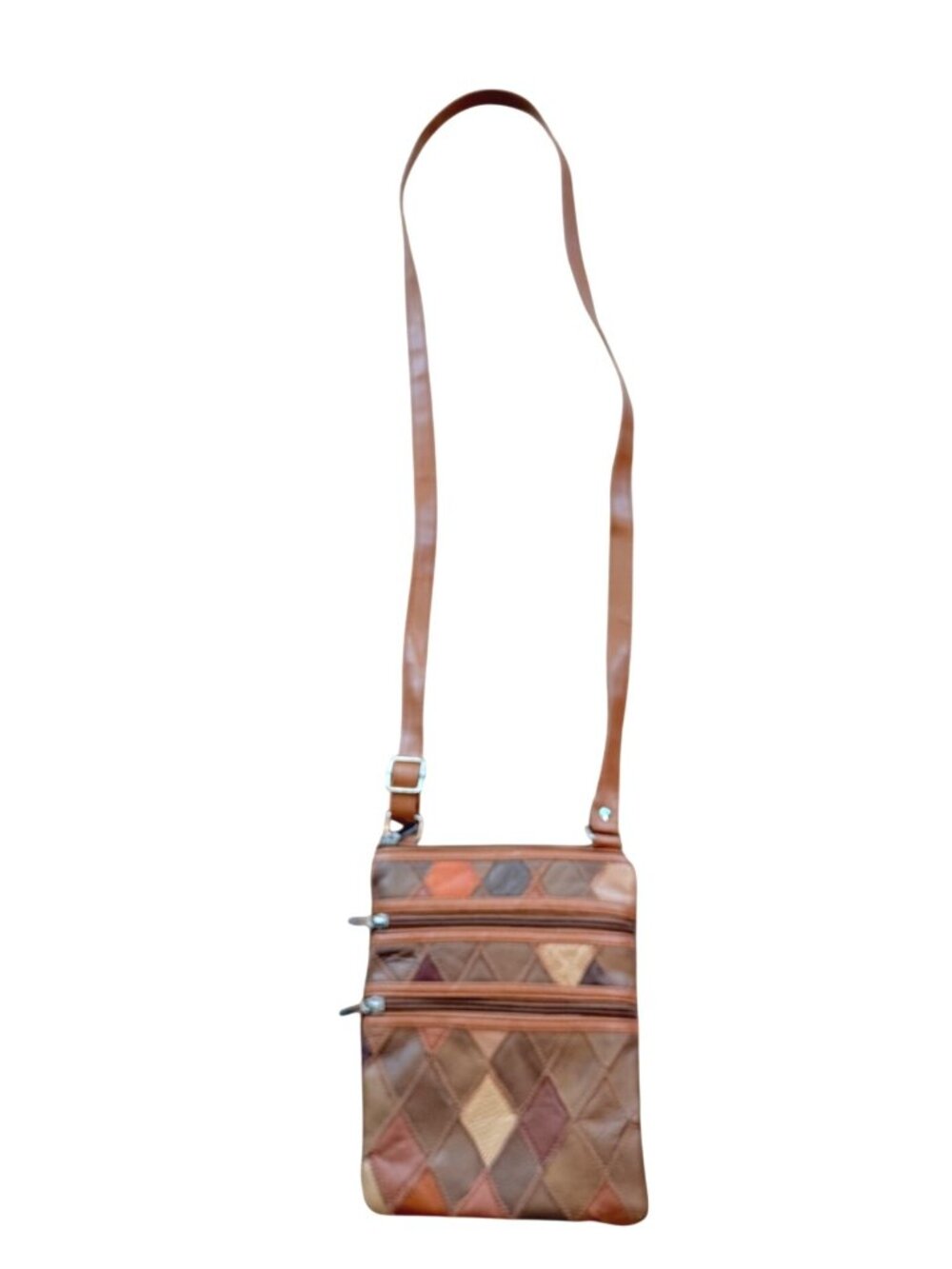 Women's Crossbody Bag Patchwork Vintage 70s Faux Leather Adjustable Strap Brown